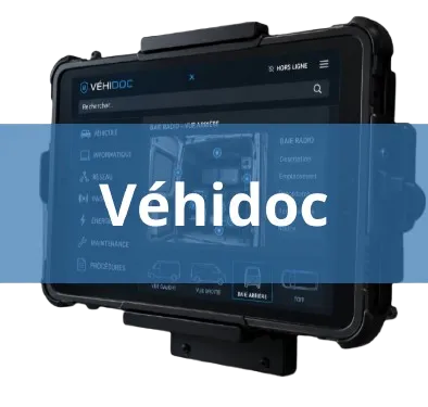 Une tablette, fixée sur un support, affiche une interface logicielle. Le texte « Véhidoc » est inscrit.