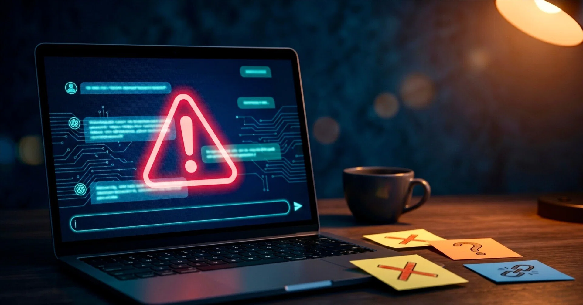Un ordinateur portable ouvert sur un bureau sous une lampe allumée, affichant un grand triangle d'avertissement rouge au milieu d'une interface de messagerie.