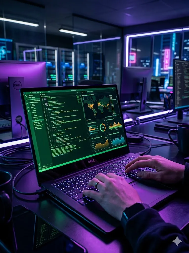 Vue rapprochée des mains d'un utilisateur écrivant sur un ordinateur portable dans une salle informatique sombre éclairée par des néons. L'écran affiche du code et des graphiques de données mondiales.