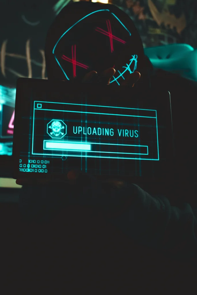 Une personne portant un masque tient une tablette face à l'objectif. L'écran de la tablette affiche une fenêtre indiquant « UPLOADING VIRUS » avec une barre de progression et une icône de crâne.