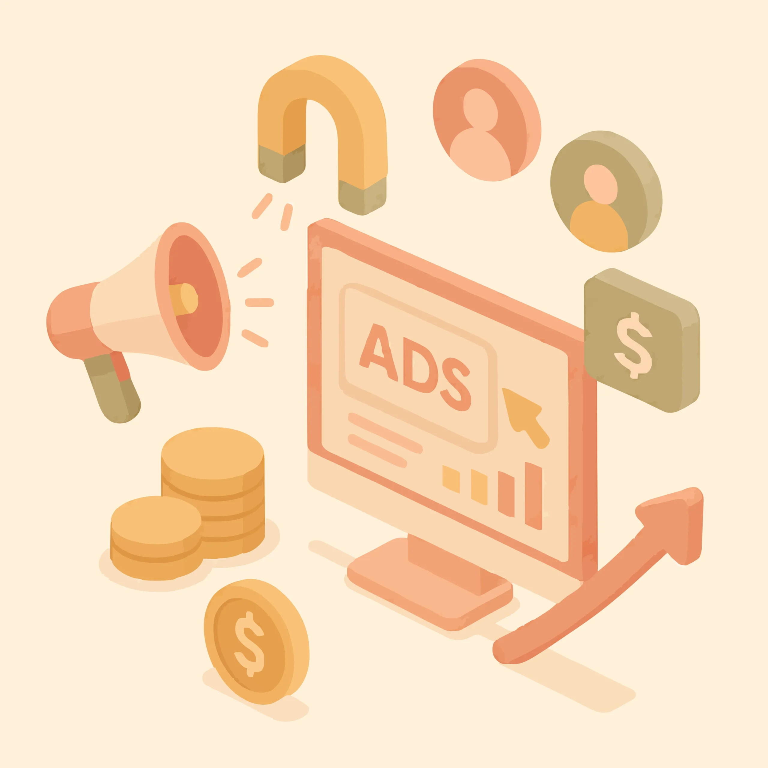 Illustration sur la publicité en ligne montrant un écran avec le mot Ads, un mégaphone, un aimant et des pièces de monnaie.