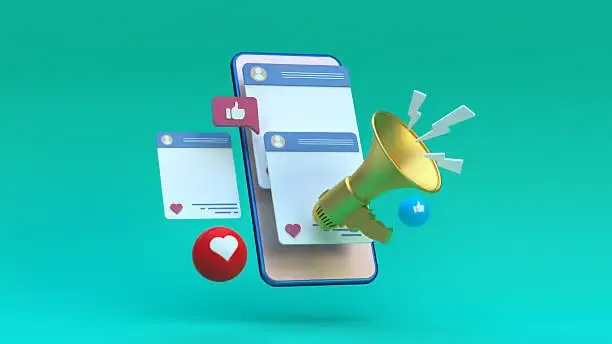 Illustration d'un smartphone affichant des publications de réseaux sociaux, entouré d'un mégaphone doré et de bulles de mentions j'aime.