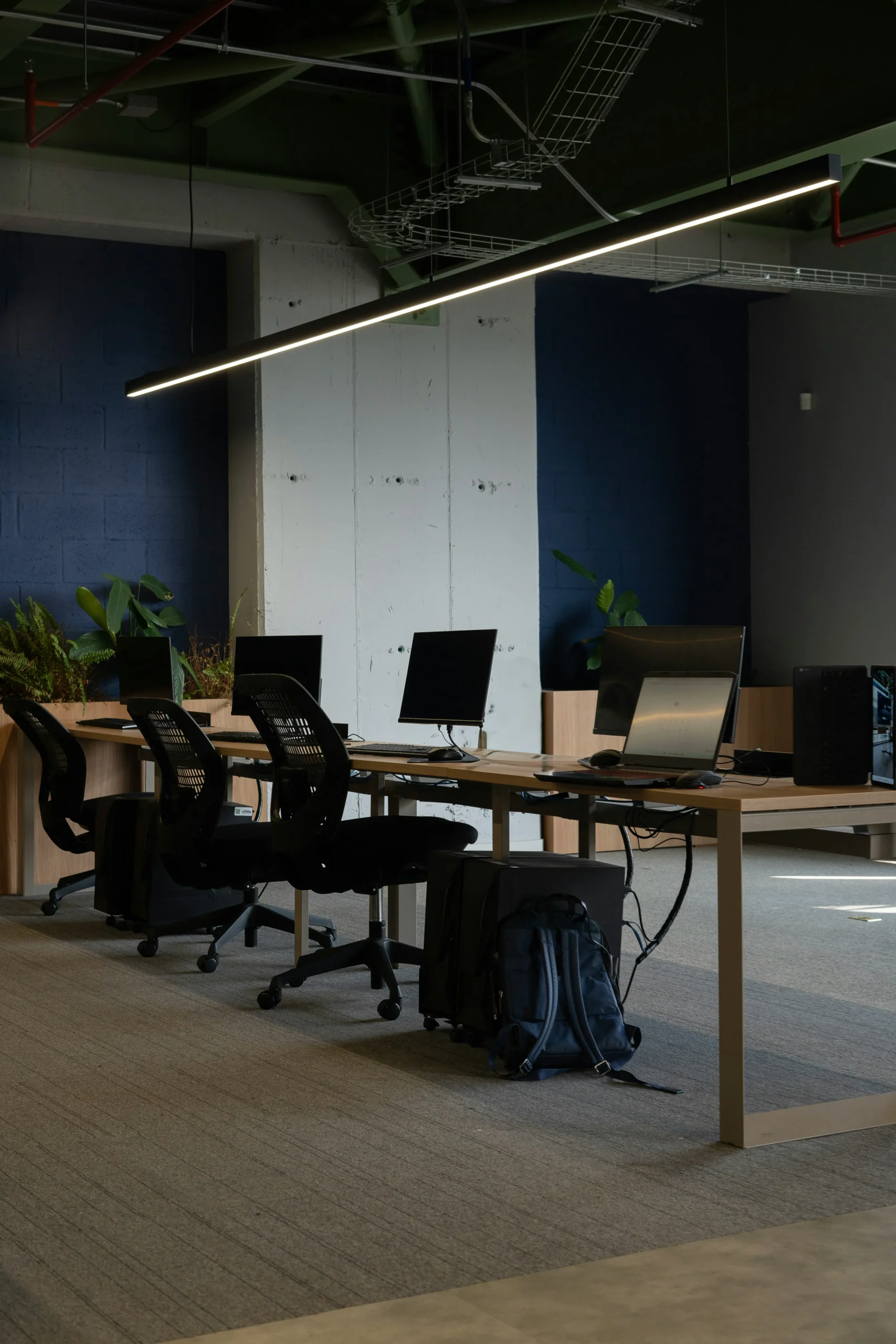 Une rangée de postes de travail informatiques dans un espace de coworking.