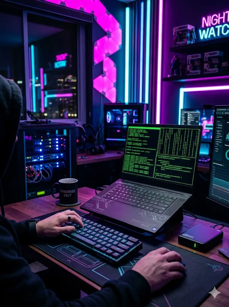 Vue de dos d'un hacker en sweat à capuche dans une pièce éclairée au néon violet, travaillant sur un ordinateur portable affichant du code.